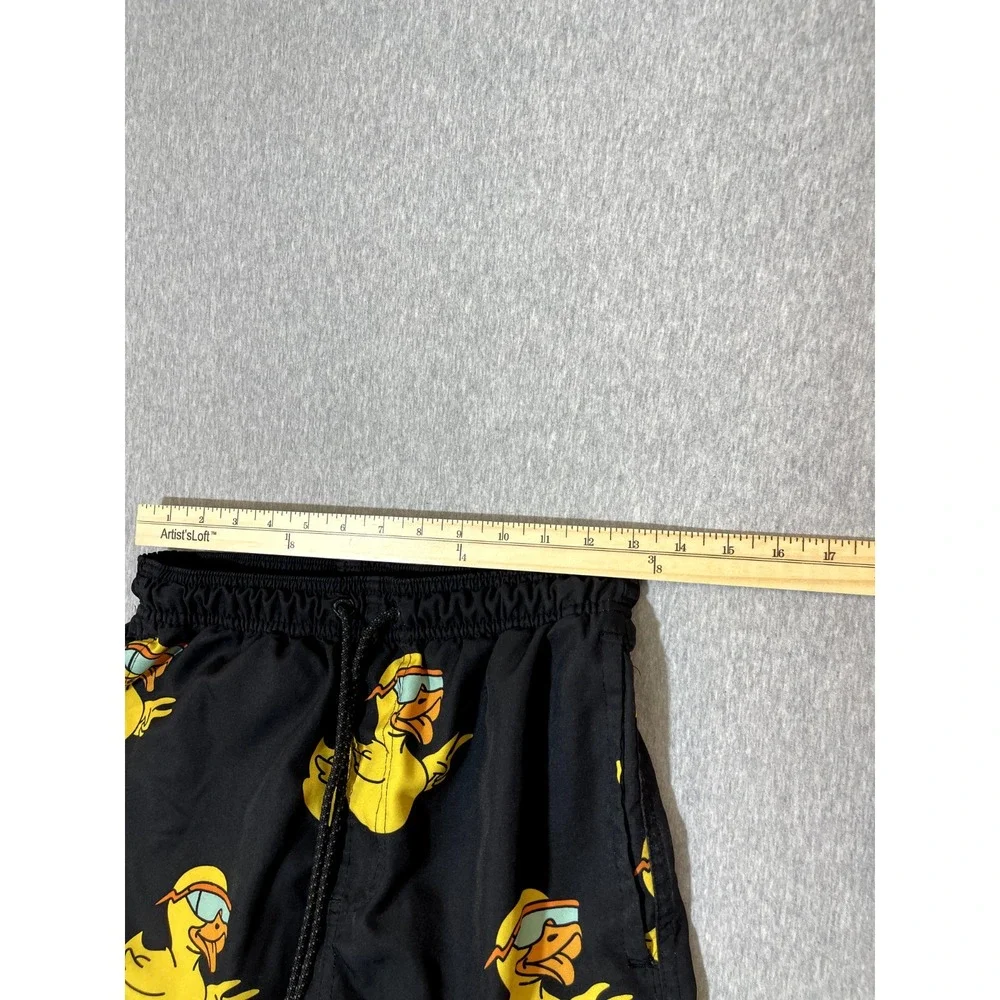 Neff Swim Shorts Mens M Black Yellow Duck Peace Sign Graphic Boardshorts